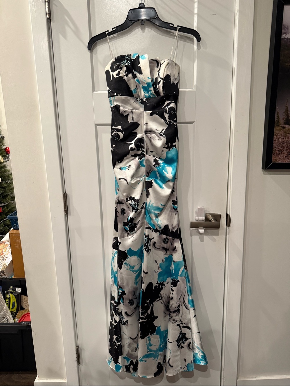 Jump Strapless Satin Floral Gown in Black, White & Teal